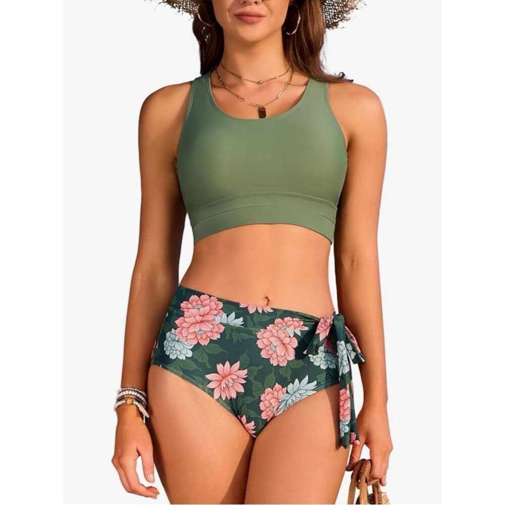 Ai’Mage Green Floral High-Waist Tie Bikini Bottom & Olive Tank Swim Set L NWT